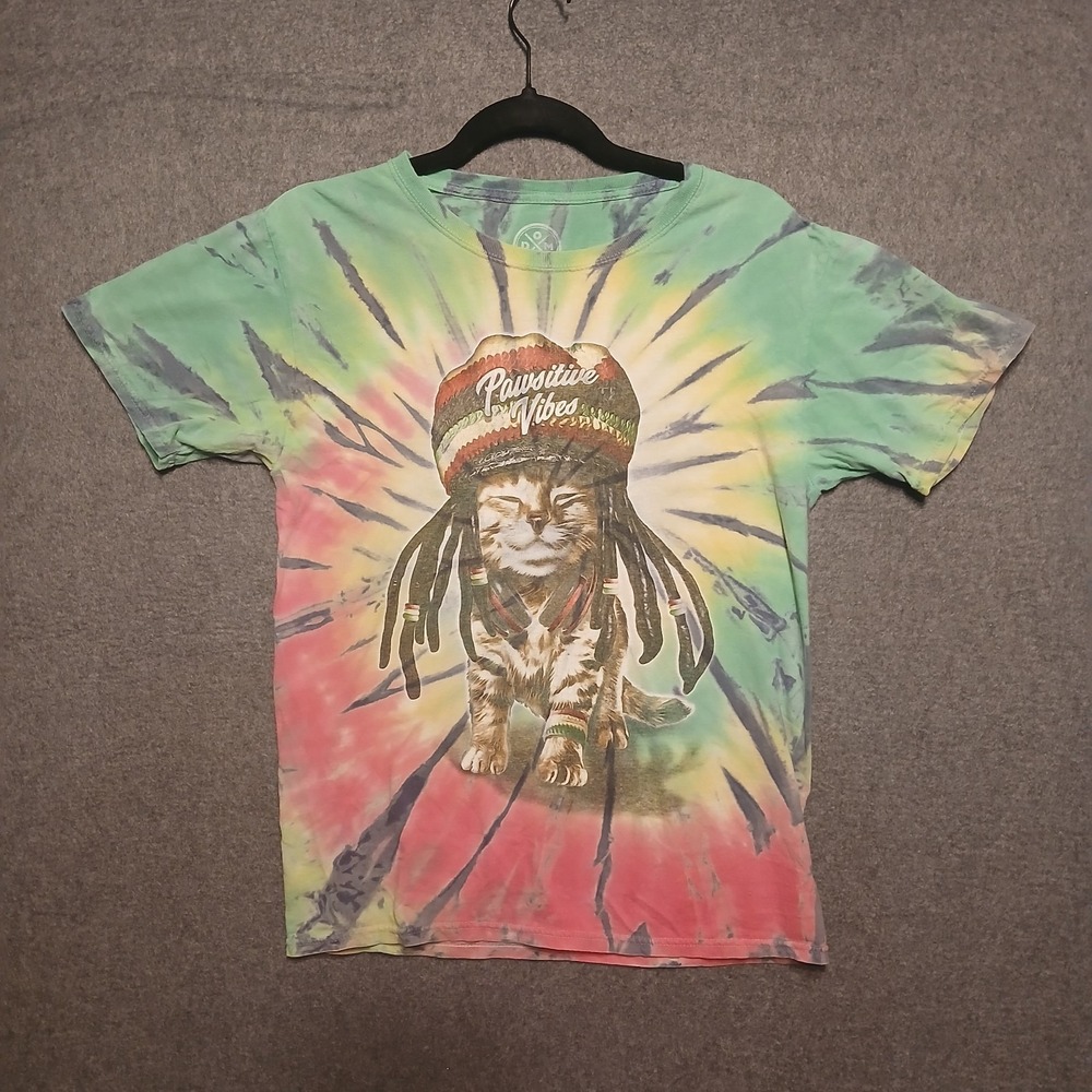 DOM Tie Dye Rasta Cat Men's Short Sleeve Crew Neck T-Shirt 100% cotton Size S